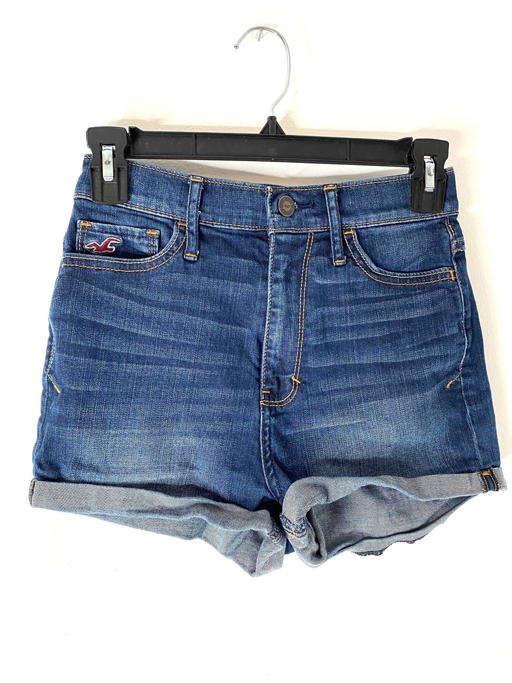 Hollister Cuffed Denim Jean Shorts Stretch Y2K Embroidered Logo